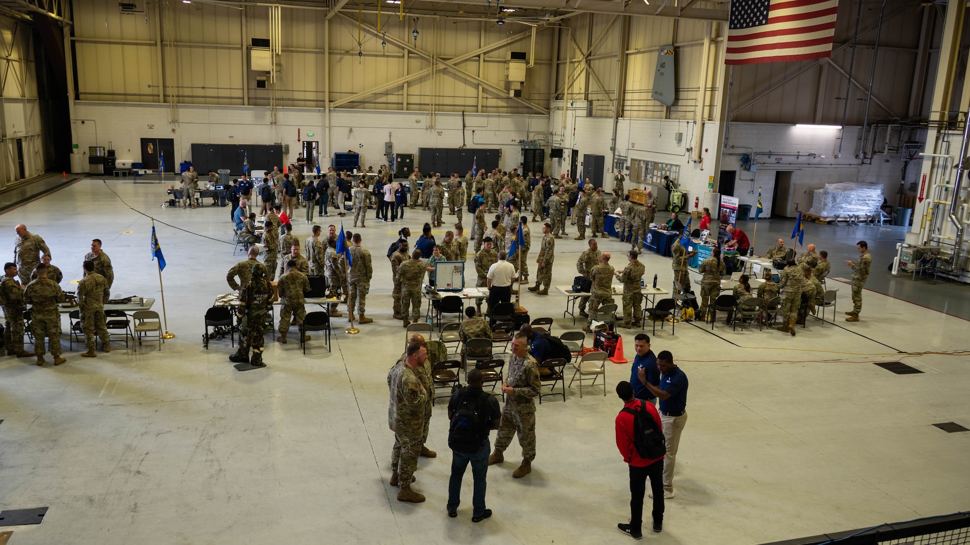 Members of the Maryland Air National Guard attend the second day of the 175th Wing Resource Fair at Warfield Air National Guard Base at Martin State Airport, Maryland, May 4, 2025. In response to the planned divestment of the A-10C Thunderbolt II aircraft and mission, many members of the Maryland Air National Guard were seeking out new avenues and planning what's next for their career. (U.S. Air National Guard Photo by Airman 1st Class Sarah Hoover)