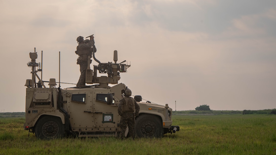 U.S. Marines with 3d Littoral Anti-Air Battalion, 3d Marine Littoral Regiment, 3d Marine Division, prepare a Marine Air Defense Integrated System for the Integrated Air Missile Defense training during Exercise Balikatan 25, at Naval Station Leovigildo Gantioqui, Philippines, April 25, 2025.
