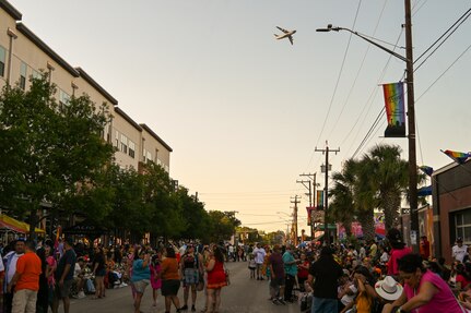 A 433rd Airlift Wing C-5M Super Galaxy performs a flyover to kickoff the 2025 Fiesta Flambeau Parade in downtown San Antonio, Texas May 3, 2025.