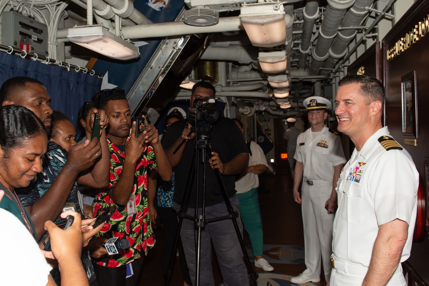 Capt. Nicholas DeLeo, commanding officer of the U.S. 7th Fleet flagship USS Blue Ridge (LCC 19), speaks with members of the Fijian media during a scheduled port visit in Suva, Fiji, May 5, 2025.