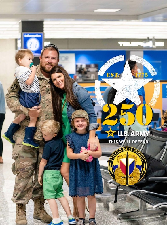 Mary Spitler was named Vicenza Military Community Civilian Spouse Volunteer of the Year at a recognition ceremony on Caserma Ederle in Vicenza, Italy, April 30. Pictured here, the Spitler family celebrates the return of Jacob Spitler from Afghanistan in 2020 with a family photo. Being recognized as volunteer of the year at a ceremony in 2025, “the excitement is in the air. Happy 250th birthday, U.S. Army!” Spitler said. (Courtesy photo)
