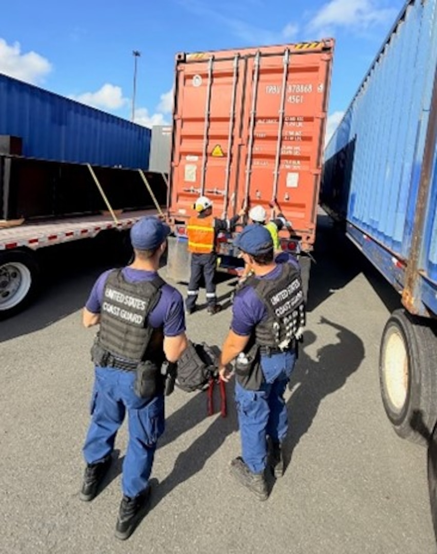 U.S. Coast Guard Sector San Juan and federal partner agencies conduct a Multi-Agency Strike Force Operation (MASFO) at one of the cargo container terminals within the Bay of San Juan, May 2, 2025.  No security violations resulted from the inspection.  MASFO is part of the Coast Guard’s strategic efforts to ensure the safety and security of containerized cargo shipments within our marine transportation system to ensure the safe flow of commerce between the continental United States, Puerto Rico, the U.S. Virgin Islands, and other countries in the Caribbean Sea. (U.S. Coast Guard photo)
