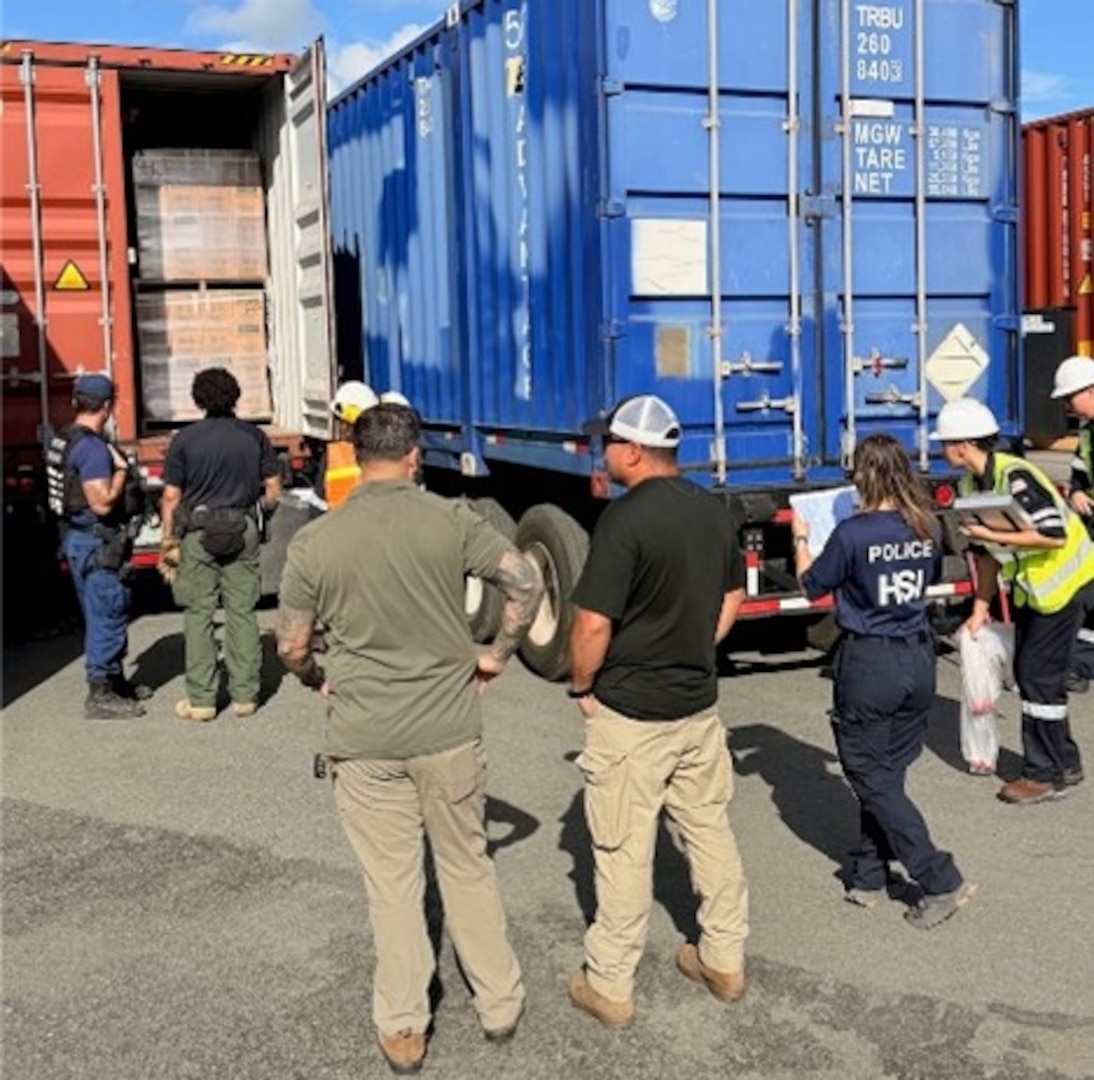 U.S. Coast Guard Sector San Juan and federal partner agencies conduct a Multi-Agency Strike Force Operation (MASFO) at one of the cargo container terminals within the Bay of San Juan, May 2, 2025.  No security violations resulted from the inspection.  MASFO is part of the Coast Guard’s strategic efforts to ensure the safety and security of containerized cargo shipments within our marine transportation system to ensure the safe flow of commerce between the continental United States, Puerto Rico, the U.S. Virgin Islands, and other countries in the Caribbean Sea. (U.S. Coast Guard photo)