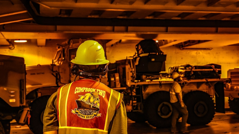 U.S. Marine Corps Maritime Prepositioning Force assets from the United States Naval Ship Seay (T-AKR 302) await offload in preparation for the Maritime Prepositioning Force Maintenance Cycle (MMC) 14 at Marine Corps Support Facility Blount Island.