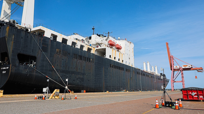 MCPIC interrogators using PRFID Track assets in support of the offload of the United States Naval Ship Seay (T-AKR 302) in preparation for the Maritime Prepositioning Force Maintenance Cycle (MMC) 14 at Marine Corps Support Facility Blount Island.