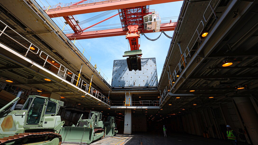 A U.S. Marine Corps Maritime Prepositioning Force crawler dozer aboard the United States Naval Ship Seay (T-AKR 302) Is hoisted off using a gantry crane in preparation for the Maritime Prepositioning Force Maintenance Cycle (MMC) 14 at Marine Corps Support Facility Blount Island.

The Maritime Prepositioning Force Maintenance Cycle (MMC) is a routine process for maintaining and replenishing the equipment and supplies carried by Maritime Prepositioning Ships (MPS). It ensures the MPS remain ready for deployment and are equipped with the necessary supplies for operations. The cycle typically lasts 42 to 45 days per ship and involves checking the serviceability of the equipment and replenishing stocks.