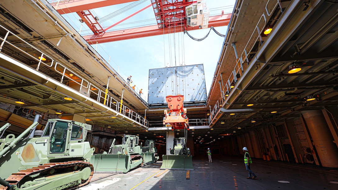 A U.S. Marine Corps Maritime Prepositioning Force crawler dozer aboard the United States Naval Ship Seay (T-AKR 302) Is hoisted off using a gantry crane in preparation for the Maritime Prepositioning Force Maintenance Cycle (MMC) 14 at Marine Corps Support Facility Blount Island.

The Maritime Prepositioning Force Maintenance Cycle (MMC) is a routine process for maintaining and replenishing the equipment and supplies carried by Maritime Prepositioning Ships (MPS). It ensures the MPS remain ready for deployment and are equipped with the necessary supplies for operations. The cycle typically lasts 42 to 45 days per ship and involves checking the serviceability of the equipment and replenishing stocks.