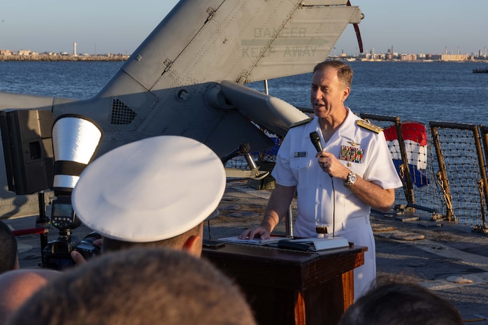 Vice Adm. George Wikoff, commander of U.S. Naval Central Forces Command and U.S. Fifth Fleet, speaks at a reception onboard the Arleigh Burke-class guided-missile destroyer USS Truxtun (DDG 103) in the U.S. Central Command area of responsibility.
