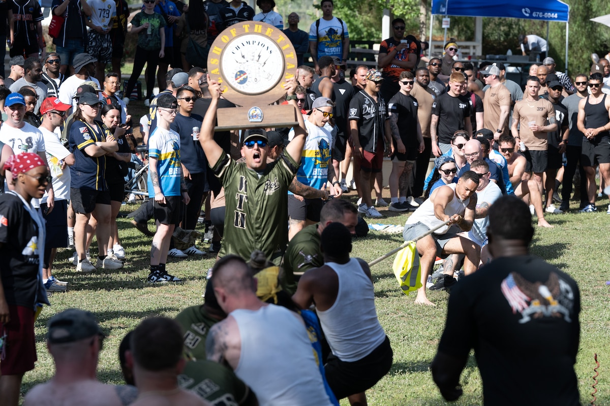 Airmen from the 39th Air Base Wing compete in the Larger Than Life tug-of-war competition at Incirlik Air Base, Türkiye, May 2, 2025. During the event, U.S. military members, civilians, and NATO allies competed in a series of athletic events and activities, building morale and camaraderie.