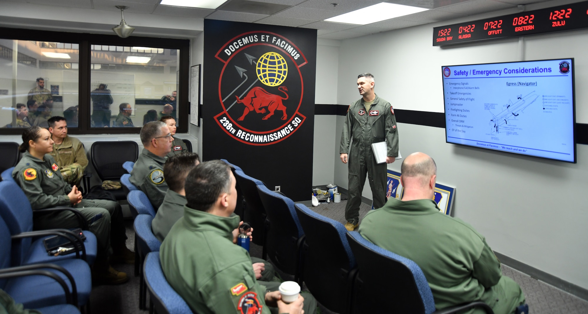 Lt. Col Brian Ross, 238th Combat Training Squadron, director of operations, briefs Air National Guard and Air Force Reserve personnel prior to flying a sortie in the RC-135 Rivet Joint, at Offutt Air Force Base, Nebraska April 6, 2025. The sortie was the first time that the 49th Intelligence Squadron, Air Force Reserve Command, and the 238th Reconnaissance Squadron, Nebraska Air National Guard, flew primarily without the assistance of active-duty members. (D.P. Heard)