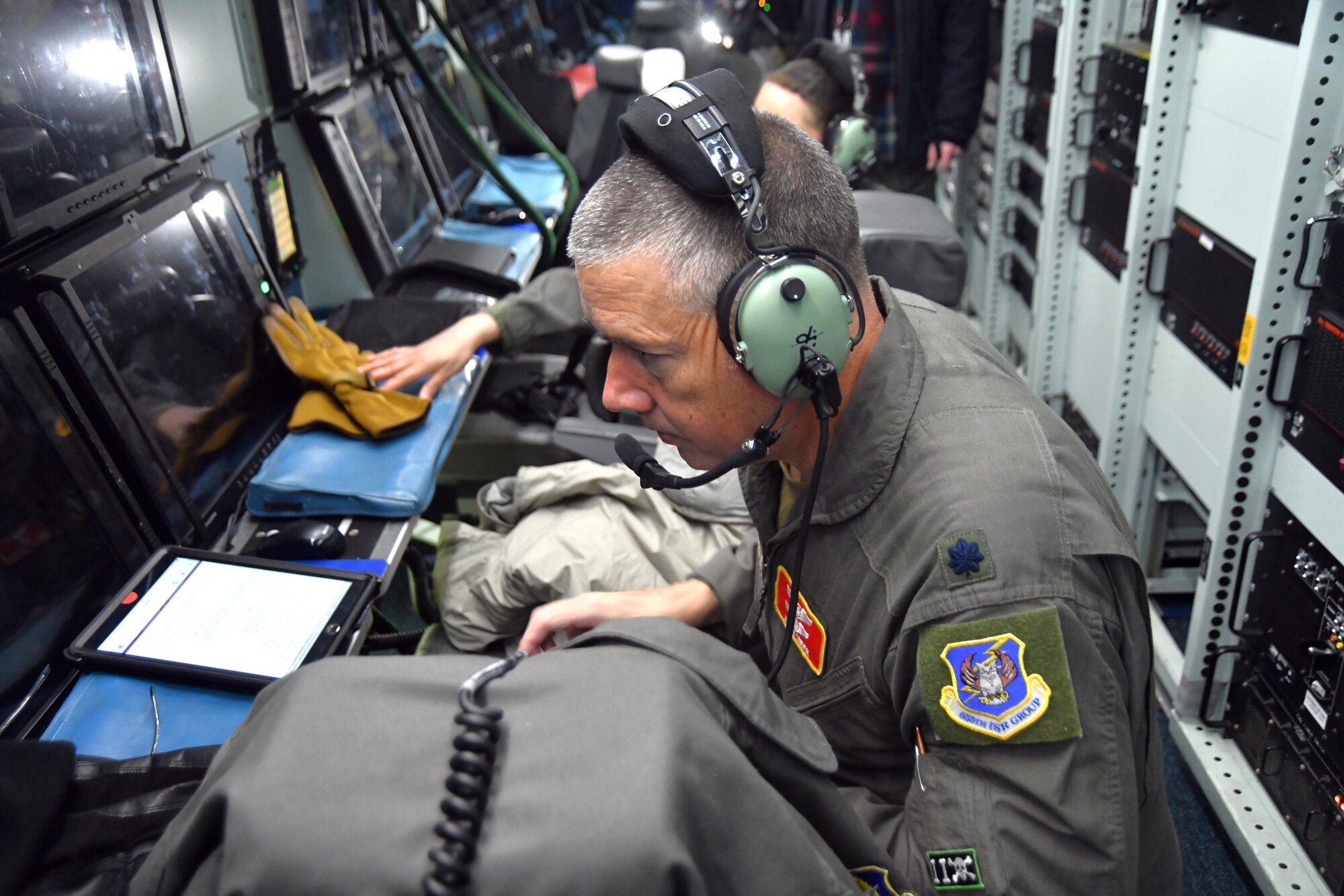 Lt Col. Justin Snider, 49th Intelligence Squadron director of operations, was on board for the inaugural joint Air Force Reserve, Air National Guard Rivet Joint sortie at Offutt Air Force Base, Nebraska April 6, 2025. (D.P. Heard)