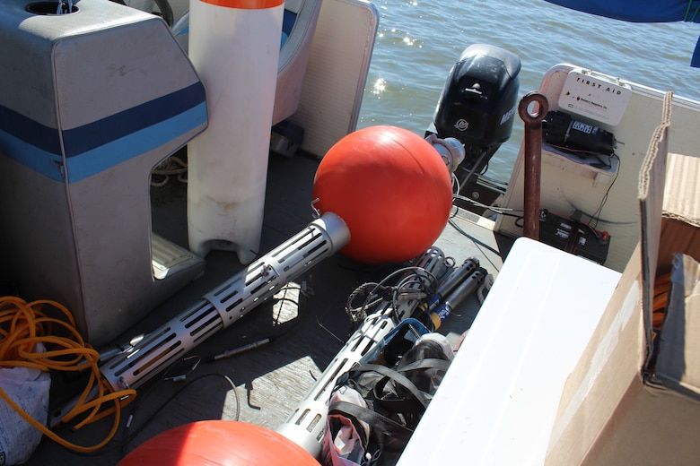 Monitoring buoys equipped with ERDC instrumentation, cables and data sondes, ready for deployment.
