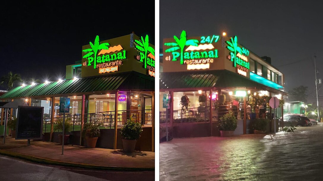 Streetview of before and during a flooding event at a restaurant. Several feet of water are in the street and against the restaurant wall.