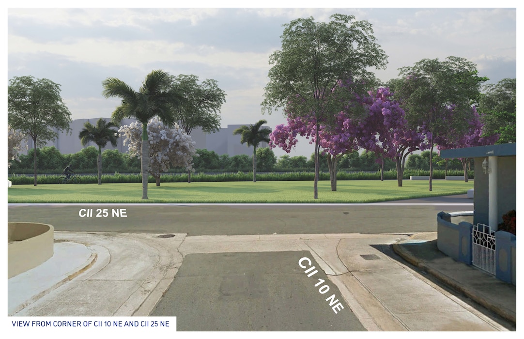 Rendering of the completed project with a pedistrian view from the intersection of Calle 25 and Calle 10 after construction. The view to the river is open and native trees are replanted.