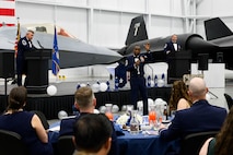 Retired Chief Master Sgt. Juan Lewis speaks during a Chief Master Sergeant Recognition Ceremony at Hill Air Force Base, Utah, May 2, 2025. Reaching the rank of chief master sergeant is a significant milestone, achieved by only 1% of the total enlisted force in the U.S. Air Force. The event celebrated the hard work and dedication of the new chiefs while reinforcing the standards expected of those who wear the rank of chief master sergeant. (U.S. Air Force photo by R. Nial Bradshaw)