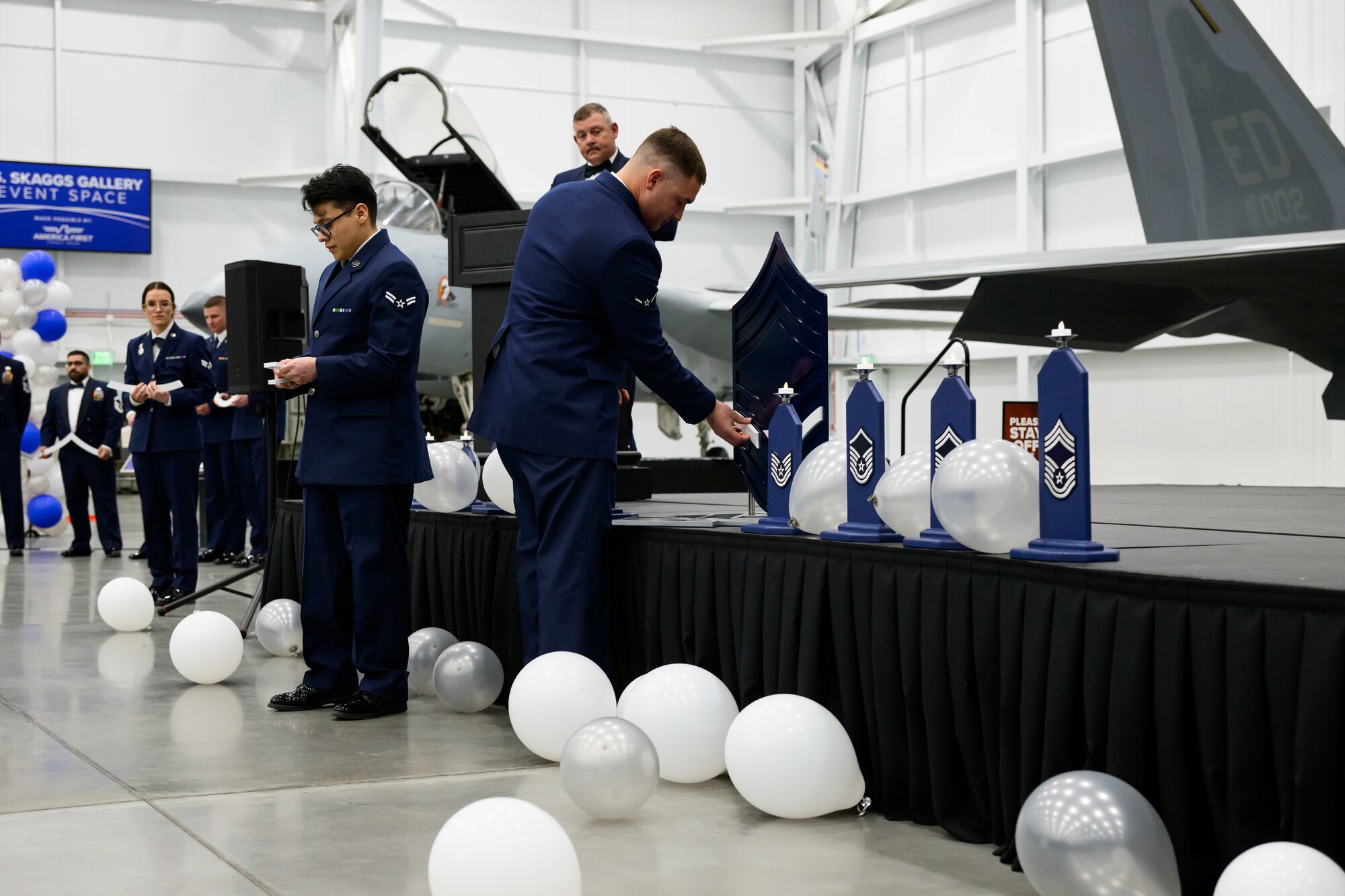Airmen build the chief master sergeant rank during the enlisted heritage portion of a Chief Master Sergeant Recognition Ceremony at Hill Air Force Base, Utah, May 2, 2025. Reaching the rank of chief master sergeant is a significant milestone, achieved by only 1% of the total enlisted force in the U.S. Air Force. The event celebrated the hard work and dedication of the new chiefs while reinforcing the standards expected of those who wear the rank of chief master sergeant. (U.S. Air Force photo by R. Nial Bradshaw)