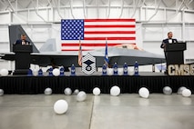 Left, Chief Master Sgt. R.W. Ehart, 419th Maintenance Squadron, and Chief Master Sgt. Christian Suarez, 421st Fighter Generation Squadron, serve as masters of ceremony during a Chief Master Sergeant Recognition Ceremony at Hill Air Force Base, Utah, May 2, 2025. Reaching the rank of chief master sergeant is a significant milestone, achieved by only 1% of the total enlisted force in the U.S. Air Force. The event celebrated the hard work and dedication of the new chiefs while reinforcing the standards expected of those who wear the rank of chief master sergeant. (U.S. Air Force photo by R. Nial Bradshaw)