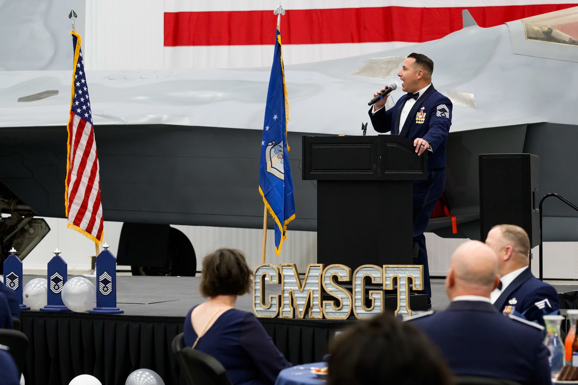 Chief Master Sgt. Christian Suarez, 421st Fighter Generation Squadron, introduces the new chiefs during a Chief Master Sergeant Recognition Ceremony at Hill Air Force Base, Utah, May 2, 2025. Reaching the rank of chief master sergeant is a significant milestone, achieved by only 1% of the total enlisted force in the U.S. Air Force. The event celebrated the hard work and dedication of the new chiefs while reinforcing the standards expected of those who wear the rank of chief master sergeant. (U.S. Air Force photo by R. Nial Bradshaw)