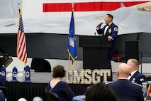 Chief Master Sgt. Christian Suarez, 421st Fighter Generation Squadron, introduces the new chiefs during a Chief Master Sergeant Recognition Ceremony at Hill Air Force Base, Utah, May 2, 2025. Reaching the rank of chief master sergeant is a significant milestone, achieved by only 1% of the total enlisted force in the U.S. Air Force. The event celebrated the hard work and dedication of the new chiefs while reinforcing the standards expected of those who wear the rank of chief master sergeant. (U.S. Air Force photo by R. Nial Bradshaw)