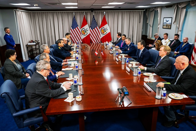 A group of people sit at a long table with standing flags in the background.
