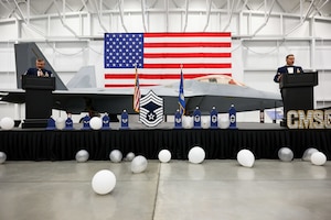 Left, Chief Master Sgt. R.W. Ehart, 419th Maintenance Squadron, and Chief Master Sgt. Christian Suarez, 421st Fighter Generation Squadron, serve as masters of ceremony during a Chief Master Sergeant Recognition Ceremony at Hill Air Force Base, Utah, May 2, 2025. Reaching the rank of chief master sergeant is a significant milestone, achieved by only 1% of the total enlisted force in the U.S. Air Force. The event celebrated the hard work and dedication of the new chiefs while reinforcing the standards expected of those who wear the rank of chief master sergeant. (U.S. Air Force photo by R. Nial Bradshaw)