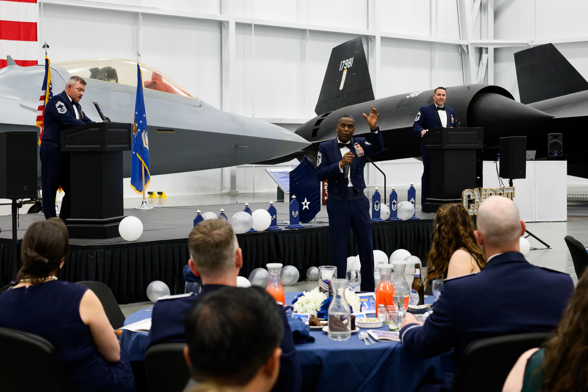 Retired Chief Master Sgt. Juan Lewis speaks during a Chief Master Sergeant Recognition Ceremony at Hill Air Force Base, Utah, May 2, 2025. Reaching the rank of chief master sergeant is a significant milestone, achieved by only 1% of the total enlisted force in the U.S. Air Force. The event celebrated the hard work and dedication of the new chiefs while reinforcing the standards expected of those who wear the rank of chief master sergeant. (U.S. Air Force photo by R. Nial Bradshaw)