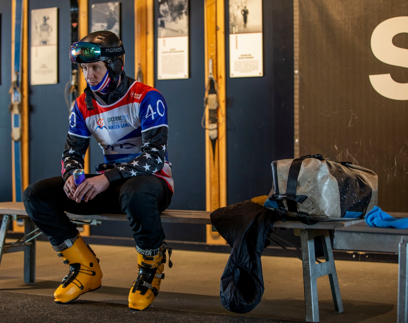 U.S. Army Spc. Robert Burns, an 11B Infantryman, 3-127nd A. Co. (MTN), 86th Infantry Brigade Combat Team (Mountain), Vermont National Guard, mentally prepares for an alpine snowboard race at Titlis Mountain, Engelberg.