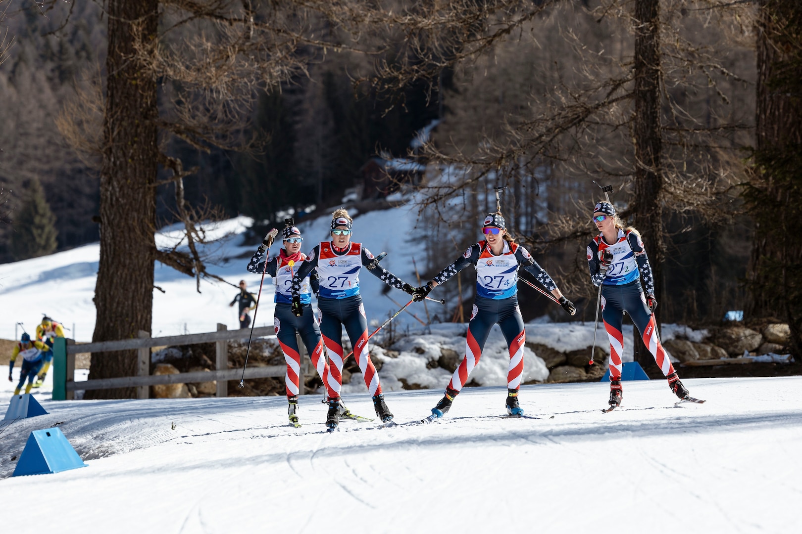 U.S. Army Soldiers compete in a patrol race at the Goms Nordic Center, in Geschinen, Switzerland
