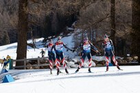 U.S. Army Soldiers compete in a patrol race at the Goms Nordic Center, in Geschinen, Switzerland