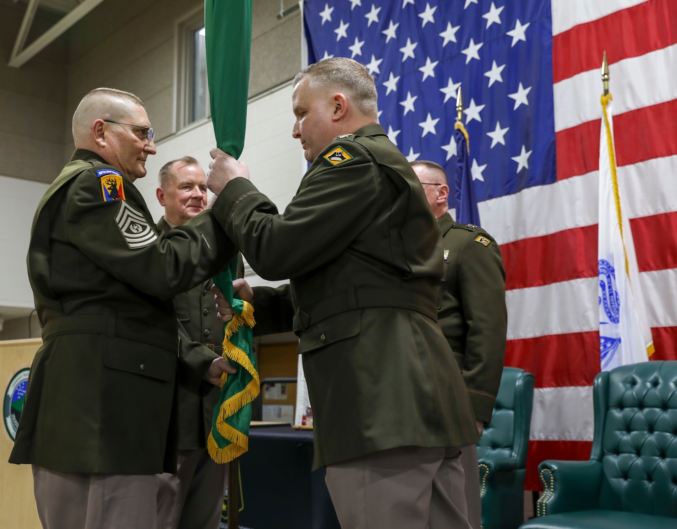 U.S. Army Brig. Gen. Eric L. Gagnon (incoming) and Command Sgt. Maj. Raymond J. Myers, Vermont Army National Guard, conducts a change of command ceremony.