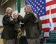 U.S. Army Brig. Gen. Eric L. Gagnon (incoming) and Command Sgt. Maj. Raymond J. Myers, Vermont Army National Guard, conducts a change of command ceremony.