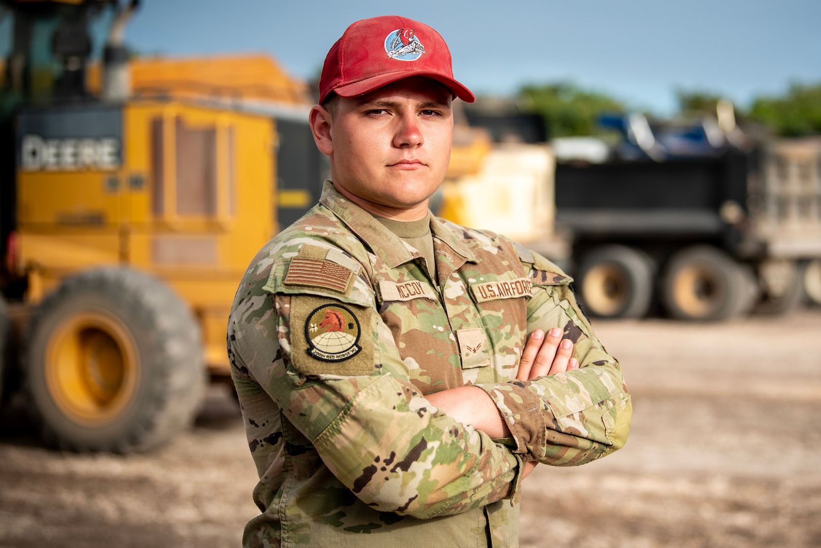 U.S. Air Force Airman First Class Braylon McCoy, pavements and heavy equipment operator assigned to the 200th Rapid Engineer Deployable Heavy Operational Repair Squadron Engineer (RED HORSE) Squadron, Mansfield, Ohio, poses for a portrait at Northwest Field, Andersen Air Force Base, Guam, April 7, 2025.