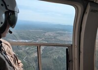 Willow Walker, a reservoir regulator, Water Management Section, Walla Walla District, U.S. Army Corps of Engineers, looks across the landscape above Saint Louis Gulch, a valley, 3,215 feet above sea level, in Clearwater County Idaho, during the Walla Walla District's annual snow flight, April 10. Conducted in collaboration with the Idaho Natural Resources Conservation Service, U.S. Department of Agriculture, this mission helps engineers with the Water Management Team of the Walla Walla District, assess mountain snowpack—nature’s high-altitude water reserve—crucial for forecasting regional water flow that sustains rivers, farms, and communities.