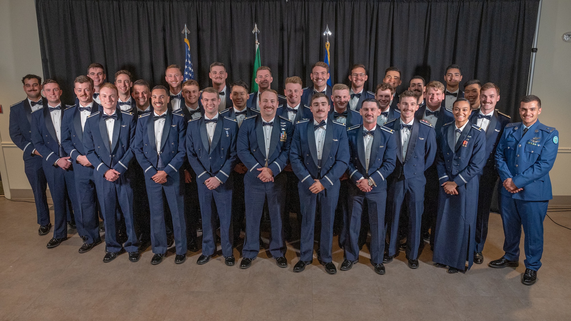 U.S. Air Force Airmen and Saudi Arabian pilots from graduating Class 20-09 pose together for a group photo at Laughlin Air Force Base, Texas, May 1, 2025. Class 25-09 consists of 31 students from the United States and Saudi Arabia. (U.S. Air Force photo by Staff Sgt. Nicholas Larsen)