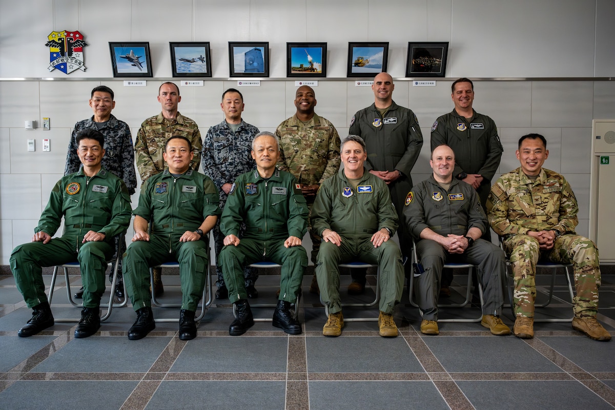 Leadership from the 35th Fighter Wing, Eighth Air Force and Japan Air Self-Defense Force pose for a group photo
