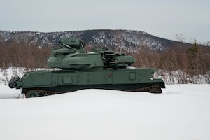 A decommissioned ZSU-23-4 Shilka sits inactive to simulate a ground target at Eielson Air Force Base, Alaska, April 16, 2025.