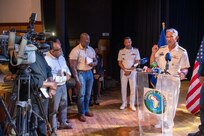 Vice Adm. J.T. Anderson, Commander, U.S. 6th Fleet, answers questions at a press conference after the opening ceremony of Obangame Express 2025.