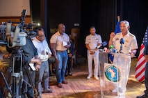 Vice Adm. J.T. Anderson, Commander, U.S. 6th Fleet, answers questions at a press conference after the opening ceremony of Obangame Express 2025.