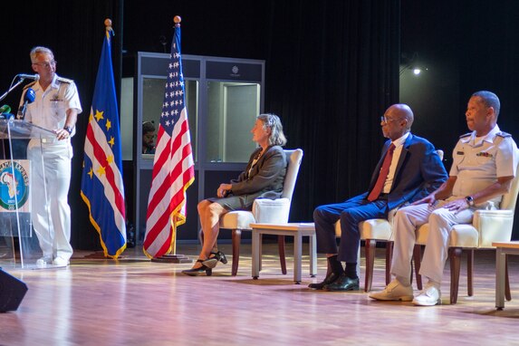 Vice Adm. J.T. Anderson, Commander, U.S. 6th Fleet, makes remarks at the opening ceremony of Obangame Express 2025.