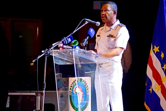 Maj. Gen. Antonio Duarte Monteiro, The Chief of Staff of the Armed Forces of Cabo Verde, makes remarks at the opening ceremony for Obangame Express 2025.
