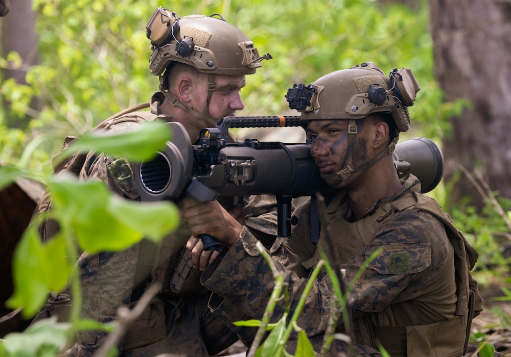 U.S. Marines with 2nd Battalion, 1st Marine Regiment, Marine Rotational Force – Darwin 25.3, sight in with a M3 Multi-Role Anti-Armor Anti-Personnel Weapon System during a counter-landing live-fire rehearsal in support of Exercise Balikatan 25 at Rizal, Palawan, Philippines, April 27, 2025.