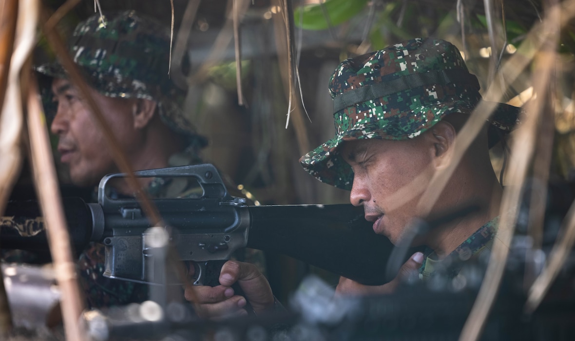 Philippine Marines with 3rd Marine Brigade, Philippine Marine Corps, sight in on M16 rifles during a counter-landing live-fire event in support of Exercise Balikatan 25 at Rizal, Palawan, Philippines, April 27, 2025.