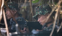 Philippine Marines with 3rd Marine Brigade, Philippine Marine Corps, sight in on M16 rifles during a counter-landing live-fire event in support of Exercise Balikatan 25 at Rizal, Palawan, Philippines, April 27, 2025.