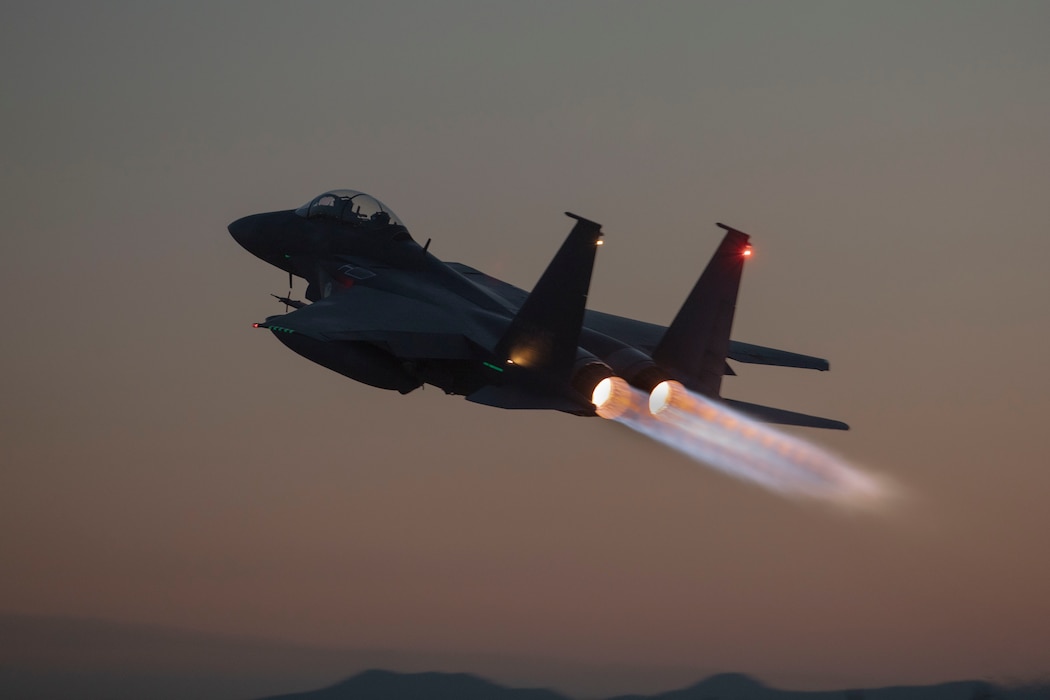 A Republic of Korea Air Force F-15K Slam Eagle aircraft with the 11th Fighter Wing takes off from Gwangju Air Base, South Korea, during exercise Freedom Flag 25-1, April 30, 2025.