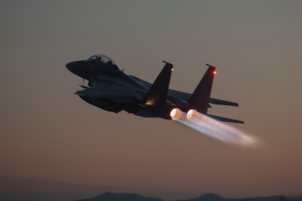 A Republic of Korea Air Force F-15K Slam Eagle aircraft with the 11th Fighter Wing takes off from Gwangju Air Base, South Korea, during exercise Freedom Flag 25-1, April 30, 2025.