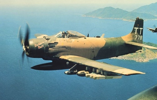 A U.S. Air Force Douglas A-1H Skyraider assigned to the 602nd Special Operations Squadron flies over Vietnam.
