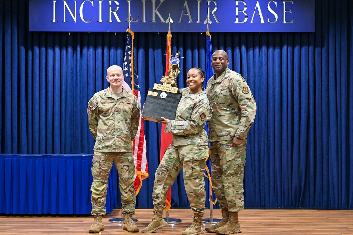 Airmen assigned to the 39th Air Base Wing pose for a photo with 39th Air Base Wing leadership during the 2025 1st Quarter Awards ceremony at Incirlik Air Base, Türkiye, 1 May, 2025. (U.S. Air Force photo by Staff Sgt. Joshua Hoskins)