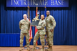 Airmen assigned to the 39th Air Base Wing pose for a photo with 39th Air Base Wing leadership during the 2025 1st Quarter Awards ceremony at Incirlik Air Base, Türkiye, 1 May, 2025. (U.S. Air Force photo by Staff Sgt. Joshua Hoskins)