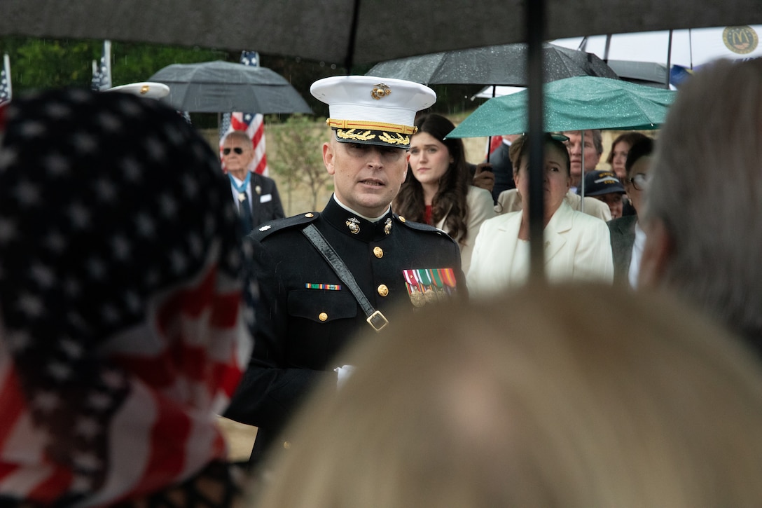 U.S. Marine Corps Lt. Col. Daniel Beck, inspector instructor with 2nd Battalion, 14th Marine Regiment, 4th Marine Division, welcomes friends and family of retired Lt. Gen. Richard E. Carey at his funeral at Dallas-Fort Worth National Cemetery in Dallas, Texas, May 5, 2025.



Carey served 38 years in the Marine Corps, serving in both the Korean and Vietnam War. Near the end of his service, Carey led the efforts of Operation Frequent Wind, the final phase in evacuation of American Forces from Saigon City, Vietnam, marking the end of U.S. involvement in the Vietnam War. After his service, Carey continued to help serve his community in different ways, such as participating in the creation of a national monument honoring those who served in the Battle of the Chosin Reservoir and assisting in the construction of the Dallas-Fort Worth National Cemetery. (U.S. Marine Corps photo by Cpl. Isaiah W. Smith)