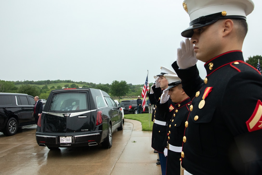 U.S. Marines with Marine Aircraft Group-41 render honors as the casket arrives at the funeral of retired Lt. Gen. Richard E. Carey at Dallas-Fort Worth National Cemetery in Dallas, Texas, May 5, 2025. 



Carey served 38 years in the Marine Corps, serving in both the Korean and Vietnam War. Near the end of his service, Carey led the efforts of Operation Frequent Wind, the final phase in evacuation of American Forces from Saigon City, Vietnam, marking the end of U.S. involvement in the Vietnam War. After his service, Carey continued to help serve his community in different ways, such as participating in the creation of a national monument honoring those who served in the Battle of the Chosin Reservoir and assisting in the construction of the Dallas-Fort Worth National Cemetery. (U.S. Marine Corps photo by Cpl. Isaiah W. Smith)